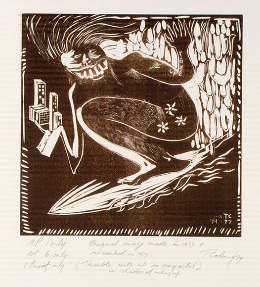 Artist: b'COLEING, Tony' | Title: b'Up your bum.' | Date: 1977-79 | Technique: b'linocut, printed in brown ink, from one block' Artist: b'COLEING, Tony' | Title: b'Up your bum.' | Date: 1977-79 | Technique: b'linocut, printed in brown ink, from one block'