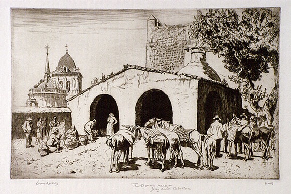 Artist: b'LINDSAY, Lionel' | Title: b'The donkey market, Estremadura' | Date: 1934 | Technique: b'etching, printed in brown ink with plate-tone, from one plate' | Copyright: b'Courtesy of the National Library of Australia' Artist: b'LINDSAY, Lionel' | Title: b'The donkey market, Estremadura' | Date: 1934 | Technique: b'etching, printed in brown ink with plate-tone, from one plate' | Copyright: b'Courtesy of the National Library of Australia'