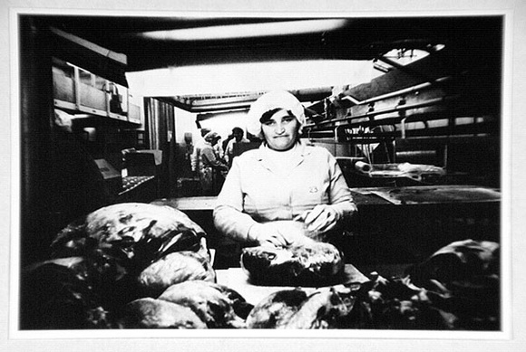 Artist: b'MEHES, Vivenne' | Title: b'Postcard: A meat packer in a Melbourne factory 1982' | Date: 1985 | Technique: b'photo-offset-lithograph' Artist: b'MEHES, Vivenne' | Title: b'Postcard: A meat packer in a Melbourne factory 1982' | Date: 1985 | Technique: b'photo-offset-lithograph'