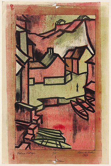 Artist: b'de Kesler, Thomas.' | Title: b'Fishing village' | Date: 1959 | Technique: b'lithograph, printed in black ink, from one stone; linocut, printed in colour, from multiple blocks' Artist: b'de Kesler, Thomas.' | Title: b'Fishing village' | Date: 1959 | Technique: b'lithograph, printed in black ink, from one stone; linocut, printed in colour, from multiple blocks'