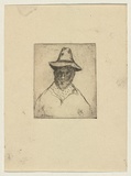 Title: not titled [portrait of a bearded man wearing bush hat and scarf] | Date: c.1960 | Technique: etching, printed in warm black ink, from one plate
