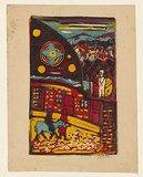 Title: The shepherd's tale | Date: 1955 | Technique: linocut, printed in red, blue and yellow, from three blocks; letterpress text