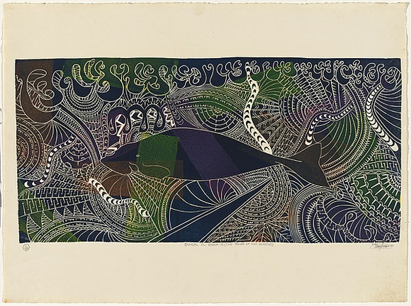 Title: b'Dungal au biber-r [The power of the dugong]' | Date: 2001 | Technique: b'linocut, printed in colour from one block'