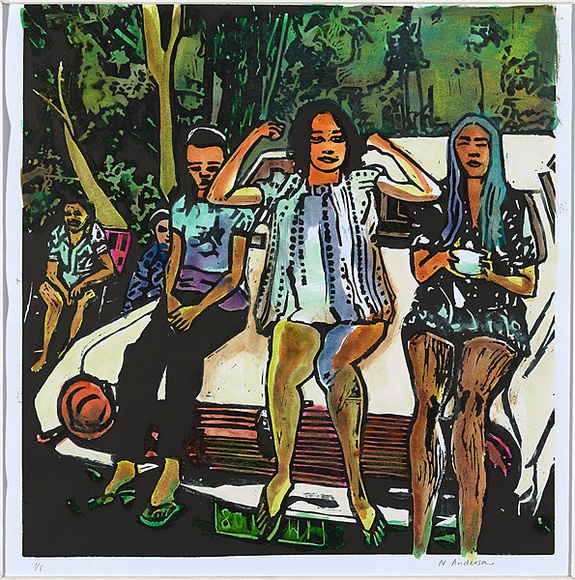 Title: b'The seventies' | Date: c.2009 | Technique: b'linocut, printed in black ink, from one block; hand-coloured'