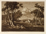 Artist: LINDSAY, Lionel | Title: The return | Date: c.1950 | Technique: mezzotint and etching, printed in brown ink, from one plate | Copyright: Courtesy of the National Library of Australia