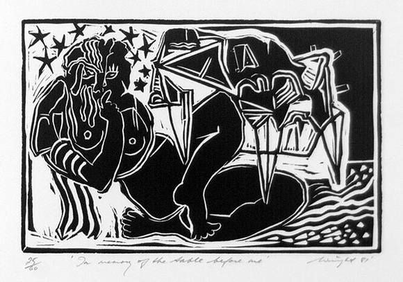 Artist: b'Wright, Doug.' | Title: b'In memory of the table before me' | Date: 1981 | Technique: b'linocut, printed in black ink, from one block' Artist: b'Wright, Doug.' | Title: b'In memory of the table before me' | Date: 1981 | Technique: b'linocut, printed in black ink, from one block'
