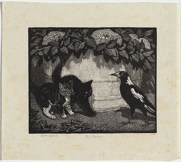 Artist: b'LINDSAY, Lionel' | Title: b'The demon.' | Date: 1925 | Technique: b'wood-engraving, printed in black ink, from one block' | Copyright: b'Courtesy of the National Library of Australia' Artist: b'LINDSAY, Lionel' | Title: b'The demon.' | Date: 1925 | Technique: b'wood-engraving, printed in black ink, from one block' | Copyright: b'Courtesy of the National Library of Australia'