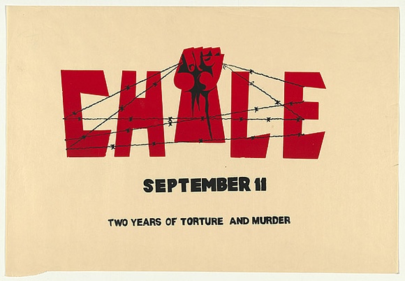 Artist: b'EARTHWORKS POSTER COLLECTIVE' | Title: b'Chile: September 11. Two years of Torture and Murder.' | Date: 1975 | Technique: b'screenprint, printed in colour, from two stencils' Artist: b'EARTHWORKS POSTER COLLECTIVE' | Title: b'Chile: September 11. Two years of Torture and Murder.' | Date: 1975 | Technique: b'screenprint, printed in colour, from two stencils'