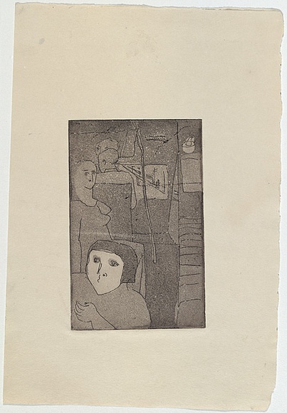 Artist: b'Barwell, Jennifer.' | Title: b'(Bus ride).' | Date: (1955) | Technique: b'etching and aquatint printed in black ink from 1 copper/zinc plate' Artist: b'Barwell, Jennifer.' | Title: b'(Bus ride).' | Date: (1955) | Technique: b'etching and aquatint printed in black ink from 1 copper/zinc plate'