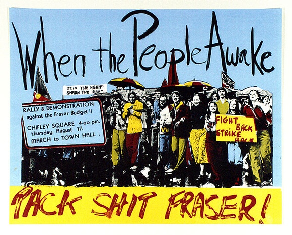 Artist: b'Hayes, Ray.' | Title: b'When the people awake' | Date: 1978 | Technique: b'screenprint, printed in colour, from four stencils' Artist: b'Hayes, Ray.' | Title: b'When the people awake' | Date: 1978 | Technique: b'screenprint, printed in colour, from four stencils'