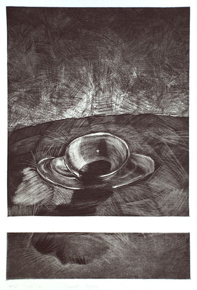 Artist: b'Pyke, Guelda' | Title: b'Spilt coffee' | Date: 1982 | Technique: b'etching and aquatint, printed in black ink, from one stone' Artist: b'Pyke, Guelda' | Title: b'Spilt coffee' | Date: 1982 | Technique: b'etching and aquatint, printed in black ink, from one stone'