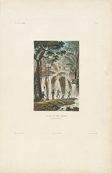 Artist: b'Chazal, Antoine.' | Title: b'Cascade du port Praslin / Nouvellie-Irlande [Waterfall in New Ireland].' | Date: c.1828 | Technique: b'engraving, printed in black ink from one copper plate; hand coloured'