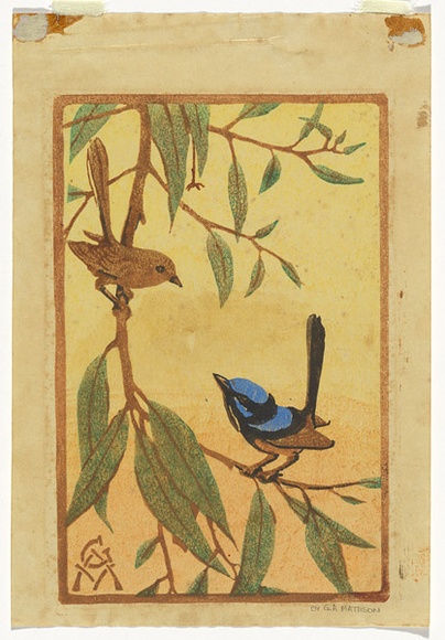 Artist: b'Mattison, G.A.' | Title: b'Blue wrens' | Date: c.1930 | Technique: b'linocut, printed in colour, from multiple blocks' Artist: b'Mattison, G.A.' | Title: b'Blue wrens' | Date: c.1930 | Technique: b'linocut, printed in colour, from multiple blocks'