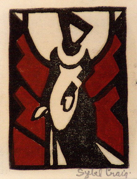Artist: b'Craig, Sybil.' | Title: b'Woman in medieval dress.' | Date: c.1935 | Technique: b'linocut, printed in black ink, from one block; hand-coloured' Artist: b'Craig, Sybil.' | Title: b'Woman in medieval dress.' | Date: c.1935 | Technique: b'linocut, printed in black ink, from one block; hand-coloured'