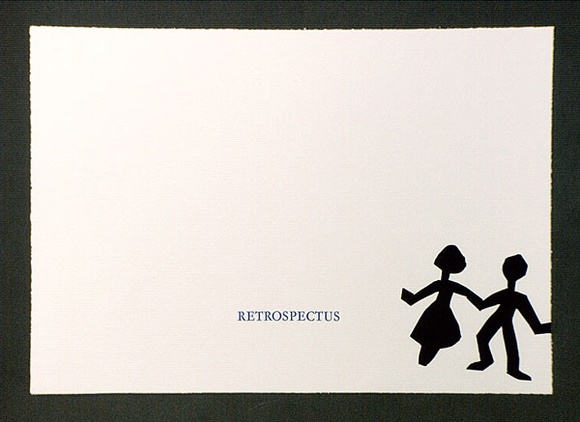 Artist: b'OPPEN, Monica' | Title: b'Retrospectus.' | Date: 1992 | Technique: b'linocut, printed in purple/black ink, from one block; letterpress printed in blue ink' Artist: b'OPPEN, Monica' | Title: b'Retrospectus.' | Date: 1992 | Technique: b'linocut, printed in purple/black ink, from one block; letterpress printed in blue ink'