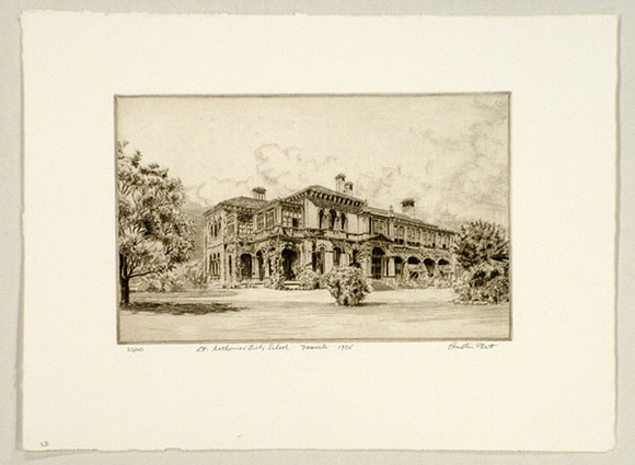 Artist: b'PLATT, Austin' | Title: b'St Catherines Girls School, Toorak' | Date: 1935 | Technique: b'etching, printed in black ink, from one plate' Artist: b'PLATT, Austin' | Title: b'St Catherines Girls School, Toorak' | Date: 1935 | Technique: b'etching, printed in black ink, from one plate'