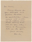 Title: Insert: letter of thanks to Mary Page | Date: 1983 | Technique: handwritten letter in black ink