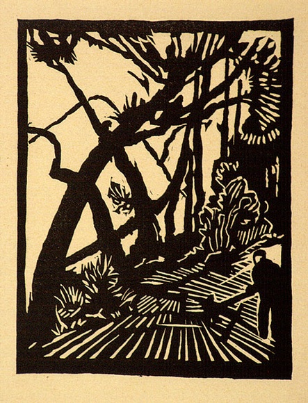 Artist: b'Stephen, Clive.' | Title: b'(Woodcutter in forest)' | Date: c.1948 | Technique: b'linocut, printed in black ink, from one block' Artist: b'Stephen, Clive.' | Title: b'(Woodcutter in forest)' | Date: c.1948 | Technique: b'linocut, printed in black ink, from one block'