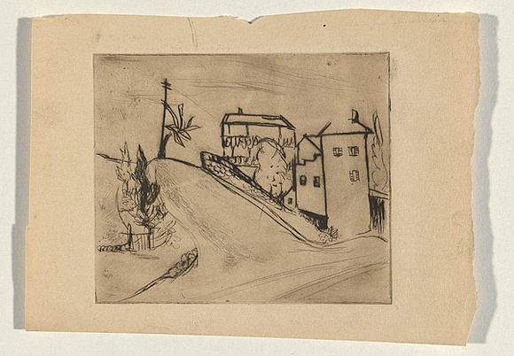 Title: not titled [village with palm and telegraph pole] | Technique: etching, printed in brown ink, from one plate