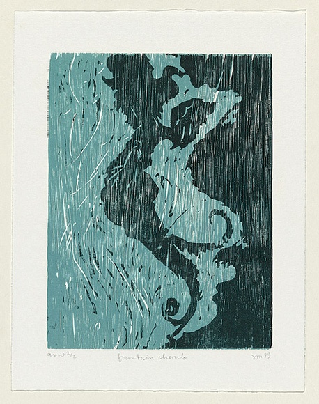 Artist: b'Mourtzios, Debbie.' | Title: b'Fountain cherub' | Date: 1999, November | Technique: b'woodcut, printed in colour, from two blocks' | Copyright: b'\xc2\xa9 Debbie Mourtzios' Artist: b'Mourtzios, Debbie.' | Title: b'Fountain cherub' | Date: 1999, November | Technique: b'woodcut, printed in colour, from two blocks' | Copyright: b'\xc2\xa9 Debbie Mourtzios'