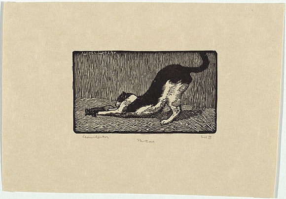 Artist: b'LINDSAY, Lionel' | Title: b'The cat' | Date: 1922 | Technique: b'wood-engraving, printed in black ink, from one block' | Copyright: b'Courtesy of the National Library of Australia' Artist: b'LINDSAY, Lionel' | Title: b'The cat' | Date: 1922 | Technique: b'wood-engraving, printed in black ink, from one block' | Copyright: b'Courtesy of the National Library of Australia'