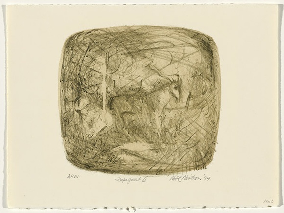 Artist: b'NICOLSON, Noel' | Title: b'Scapegoat II' | Date: 1994 | Technique: b'lithograph, printed in brown ink, from one stone' Artist: b'NICOLSON, Noel' | Title: b'Scapegoat II' | Date: 1994 | Technique: b'lithograph, printed in brown ink, from one stone'