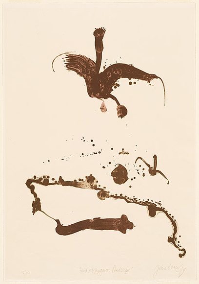 Artist: b'Olsen, John.' | Title: b'Bird and kangaroo landscape' | Date: 1979 | Technique: b'lithograph, printed in colour, from two plates' | Copyright: b'\xc2\xa9 John Olsen. Licensed by VISCOPY, Australia' Artist: b'Olsen, John.' | Title: b'Bird and kangaroo landscape' | Date: 1979 | Technique: b'lithograph, printed in colour, from two plates' | Copyright: b'\xc2\xa9 John Olsen. Licensed by VISCOPY, Australia'