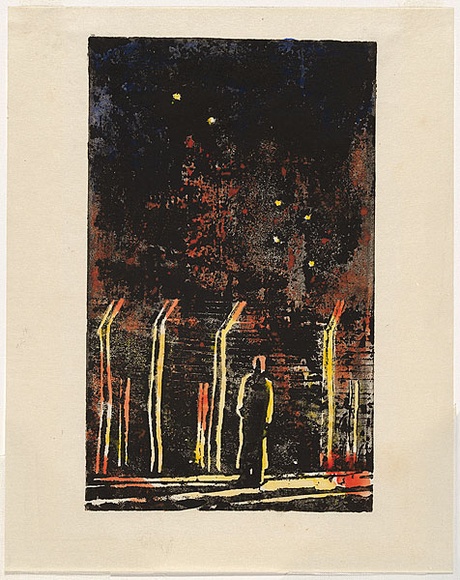 Artist: b'Hirschfeld Mack, Ludwig.' | Title: b'Desolation, Internment camp, Hay, N.S.W.' | Date: 1940-41 | Technique: b'woodcut, printed in black ink, from one block; hand-coloured' Artist: b'Hirschfeld Mack, Ludwig.' | Title: b'Desolation, Internment camp, Hay, N.S.W.' | Date: 1940-41 | Technique: b'woodcut, printed in black ink, from one block; hand-coloured'