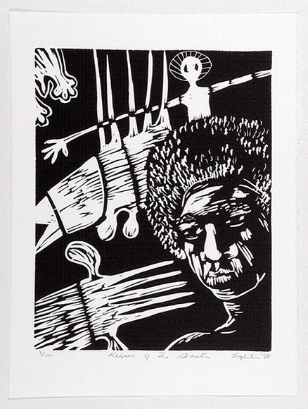 Artist: b'Eglitis, Anna.' | Title: b'Keepers of the secrets.' | Date: 1988 | Technique: b'linocut, printed in black ink, from one block' Artist: b'Eglitis, Anna.' | Title: b'Keepers of the secrets.' | Date: 1988 | Technique: b'linocut, printed in black ink, from one block'