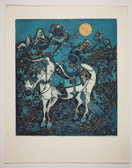 Artist: b'Haxton, Elaine' | Title: b'Hunter' | Date: 1968 | Technique: b'etching and open-bite etching, printed from one plate, intaglio and relief' Artist: b'Haxton, Elaine' | Title: b'Hunter' | Date: 1968 | Technique: b'etching and open-bite etching, printed from one plate, intaglio and relief'
