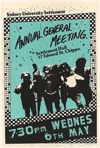 Artist: b'Lane, Leonie.' | Title: b'Sydney University Settlement - Annual General Meeting.' | Date: 1981 | Technique: b'screenprint, printed in colour, from two stencils' | Copyright: b'\xc2\xa9 Leonie Lane' Artist: b'Lane, Leonie.' | Title: b'Sydney University Settlement - Annual General Meeting.' | Date: 1981 | Technique: b'screenprint, printed in colour, from two stencils' | Copyright: b'\xc2\xa9 Leonie Lane'
