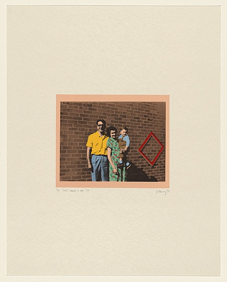 Artist: b'HARVEY, Geoffrey' | Title: bDad, mum and me '55 | Date: 1977 | Technique: b'photo-screenprint, printed in colour, from multiple stencils' Artist: b'HARVEY, Geoffrey' | Title: bDad, mum and me '55 | Date: 1977 | Technique: b'photo-screenprint, printed in colour, from multiple stencils'