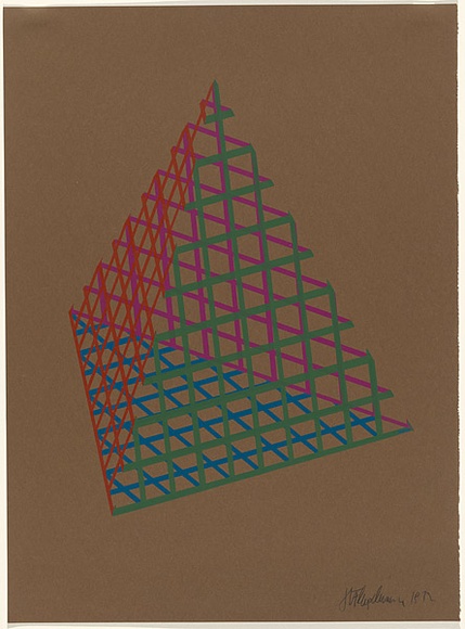 Artist: b'Flugelman, Bert.' | Title: b'(Pyramid in mesh).' | Date: 1972 | Technique: b'screenprint, printed in colour, from four stencil' | Copyright: b'\xc2\xa9 Bert Flugelman' Artist: b'Flugelman, Bert.' | Title: b'(Pyramid in mesh).' | Date: 1972 | Technique: b'screenprint, printed in colour, from four stencil' | Copyright: b'\xc2\xa9 Bert Flugelman'
