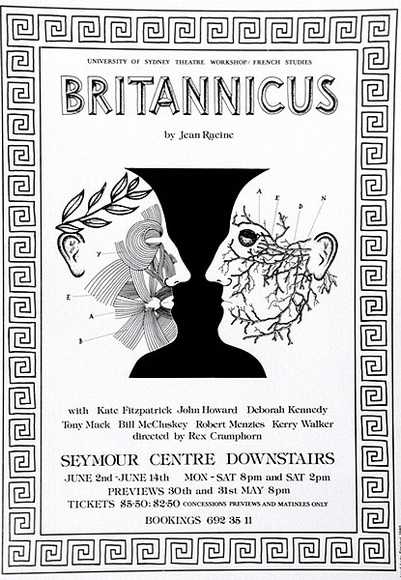 Artist: b'Stejskal, Josef Lada.' | Title: b'Britannicus by Jean Racine... directed by Rex Cramphorn ... Seymour Centre Downstairs' | Date: 1980 | Technique: b'offset-lithograph' Artist: b'Stejskal, Josef Lada.' | Title: b'Britannicus by Jean Racine... directed by Rex Cramphorn ... Seymour Centre Downstairs' | Date: 1980 | Technique: b'offset-lithograph'