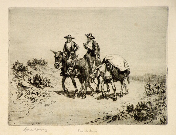 Artist: b'LINDSAY, Lionel' | Title: b'Muleteers, Spain' | Date: 1921 | Technique: b'etching printed green-black ink with plate-tone, from one plate' | Copyright: b'Courtesy of the National Library of Australia' Artist: b'LINDSAY, Lionel' | Title: b'Muleteers, Spain' | Date: 1921 | Technique: b'etching printed green-black ink with plate-tone, from one plate' | Copyright: b'Courtesy of the National Library of Australia'