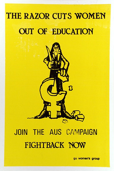 Artist: b'Swan, James.' | Title: b'The razor cuts the women out of eduction' | Date: c.1982 | Technique: b'screenprint, printed in colour, from two stencils' Artist: b'Swan, James.' | Title: b'The razor cuts the women out of eduction' | Date: c.1982 | Technique: b'screenprint, printed in colour, from two stencils'