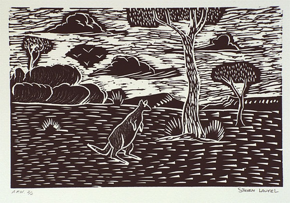 Artist: b'Laurel, Steven.' | Title: b'Kangaroo looking around for his friends' | Date: 2001, August - September | Technique: b'linocut, printed in black ink, from one block' Artist: b'Laurel, Steven.' | Title: b'Kangaroo looking around for his friends' | Date: 2001, August - September | Technique: b'linocut, printed in black ink, from one block'