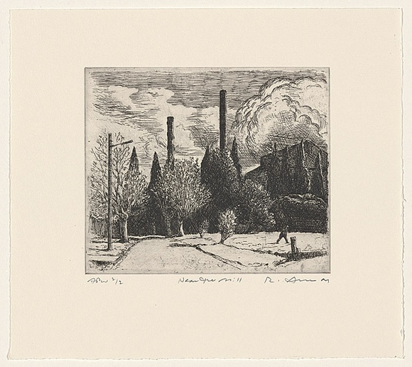Artist: b'AMOR, Rick' | Title: b'Near the mill' | Date: 2001, July | Technique: b'etching, printed in black ink, from one plate' | Copyright: b'Image reproduced courtesy the artist and Niagara Galleries, Melbourne' Artist: b'AMOR, Rick' | Title: b'Near the mill' | Date: 2001, July | Technique: b'etching, printed in black ink, from one plate' | Copyright: b'Image reproduced courtesy the artist and Niagara Galleries, Melbourne'