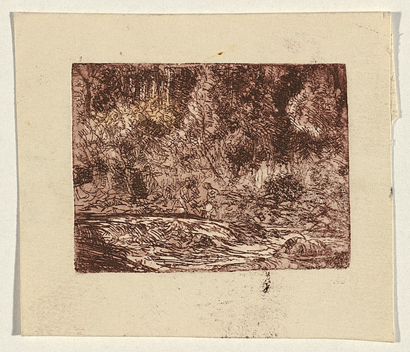 Artist: b'Eddy, George.' | Title: b'not titled [landscape with people by a river].' | Date: c.1960 | Technique: b'etching and aquatint, printed in red ink, from one plate'