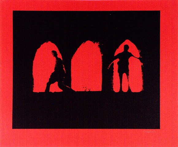 Artist: b'Conacher, Andrew.' | Title: b'(Poster of two figures in archways).' | Date: c.1974 | Technique: b'screenprint, printed in red ink, from one stencil' Artist: b'Conacher, Andrew.' | Title: b'(Poster of two figures in archways).' | Date: c.1974 | Technique: b'screenprint, printed in red ink, from one stencil'