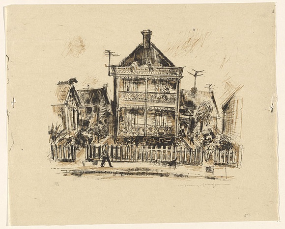 Artist: b'LINDSAY, Lionel' | Title: b'The old Barracks, King Street, Sydney.' | Date: 1917 | Technique: b'etching, printd in brown ink, from one plate' | Copyright: b'Courtesy of the National Library of Australia' Artist: b'LINDSAY, Lionel' | Title: b'The old Barracks, King Street, Sydney.' | Date: 1917 | Technique: b'etching, printd in brown ink, from one plate' | Copyright: b'Courtesy of the National Library of Australia'