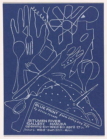 Title: b'Blue print from everyday life by Karen Turner: Bitumen River Gallery, Manuka' | Technique: b'screenprint, printed in white ink, from one stencil' Title: b'Blue print from everyday life by Karen Turner: Bitumen River Gallery, Manuka' | Technique: b'screenprint, printed in white ink, from one stencil'