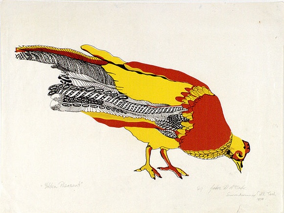 Artist: b'McCabe, John D.' | Title: b'Golden pheasant' | Date: 1970 | Technique: b'screenprint, printed in colour, from multiple stencils' Artist: b'McCabe, John D.' | Title: b'Golden pheasant' | Date: 1970 | Technique: b'screenprint, printed in colour, from multiple stencils'