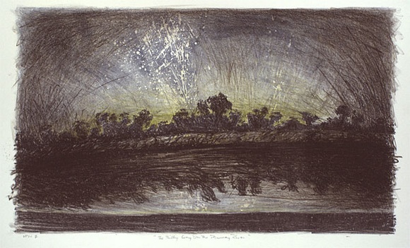 Artist: b'Trenfield, Wells.' | Title: b'The Milky Way on the Murray River' | Date: 1982, June | Technique: b'lithograph, printed in colour from multiple stones' Artist: b'Trenfield, Wells.' | Title: b'The Milky Way on the Murray River' | Date: 1982, June | Technique: b'lithograph, printed in colour from multiple stones'