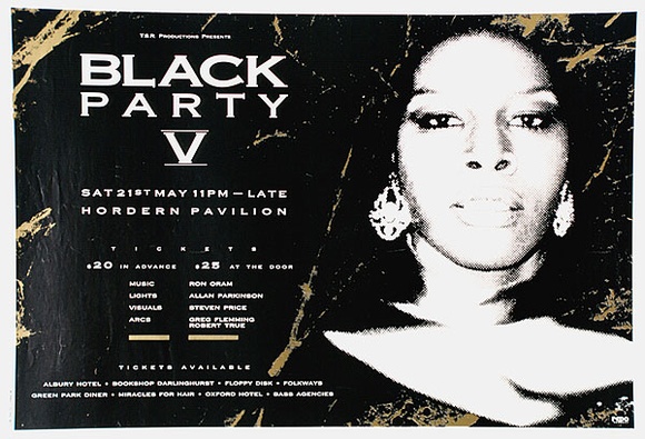 Title: b'Black Party V. Hordern Pavilion' | Date: 1989 | Technique: b'screenprint, printed in black and gold ink, from two stencils' Title: b'Black Party V. Hordern Pavilion' | Date: 1989 | Technique: b'screenprint, printed in black and gold ink, from two stencils'