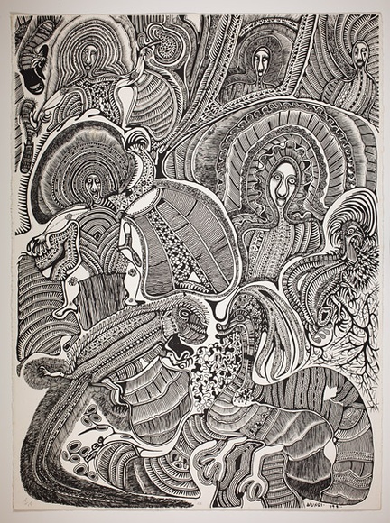 Artist: b'Wungi, Cecil King.' | Title: b'not titled [composition with cassowary, animal and man]' | Date: 1981 | Technique: b'photo-screenprint, printed black ink, from one stencil'