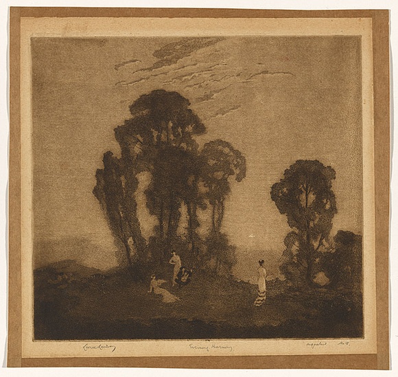 Artist: b'LINDSAY, Lionel' | Title: b'Evening harmony' | Date: 1919 | Technique: b'spirit-aquatint, printed in brown ink with plate-tone with wiped highlights, from one plate' | Copyright: b'Courtesy of the National Library of Australia' Artist: b'LINDSAY, Lionel' | Title: b'Evening harmony' | Date: 1919 | Technique: b'spirit-aquatint, printed in brown ink with plate-tone with wiped highlights, from one plate' | Copyright: b'Courtesy of the National Library of Australia'