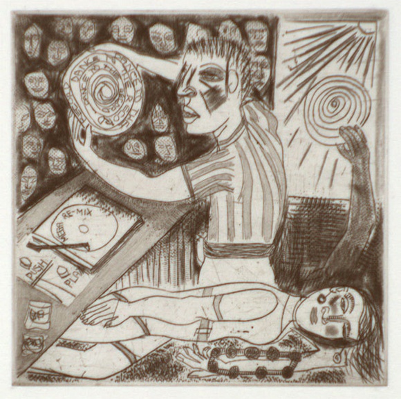 Artist: b'Harding, Richard.' | Title: b'Tequila sunrise' | Date: 1991 | Technique: b'etching, printed in black ink, from one plate' Artist: b'Harding, Richard.' | Title: b'Tequila sunrise' | Date: 1991 | Technique: b'etching, printed in black ink, from one plate'