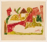Title: The red bridge | Date: c. 1955 | Technique: stamped print, printed in coloured ink, from multiple stamps