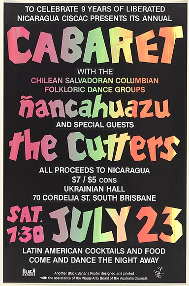 Artist: b'Black Banana Posters.' | Title: b'Cabaret.' | Date: 1988 | Technique: b'screenprint, printed in colour, from two stencils' Artist: b'Black Banana Posters.' | Title: b'Cabaret.' | Date: 1988 | Technique: b'screenprint, printed in colour, from two stencils'